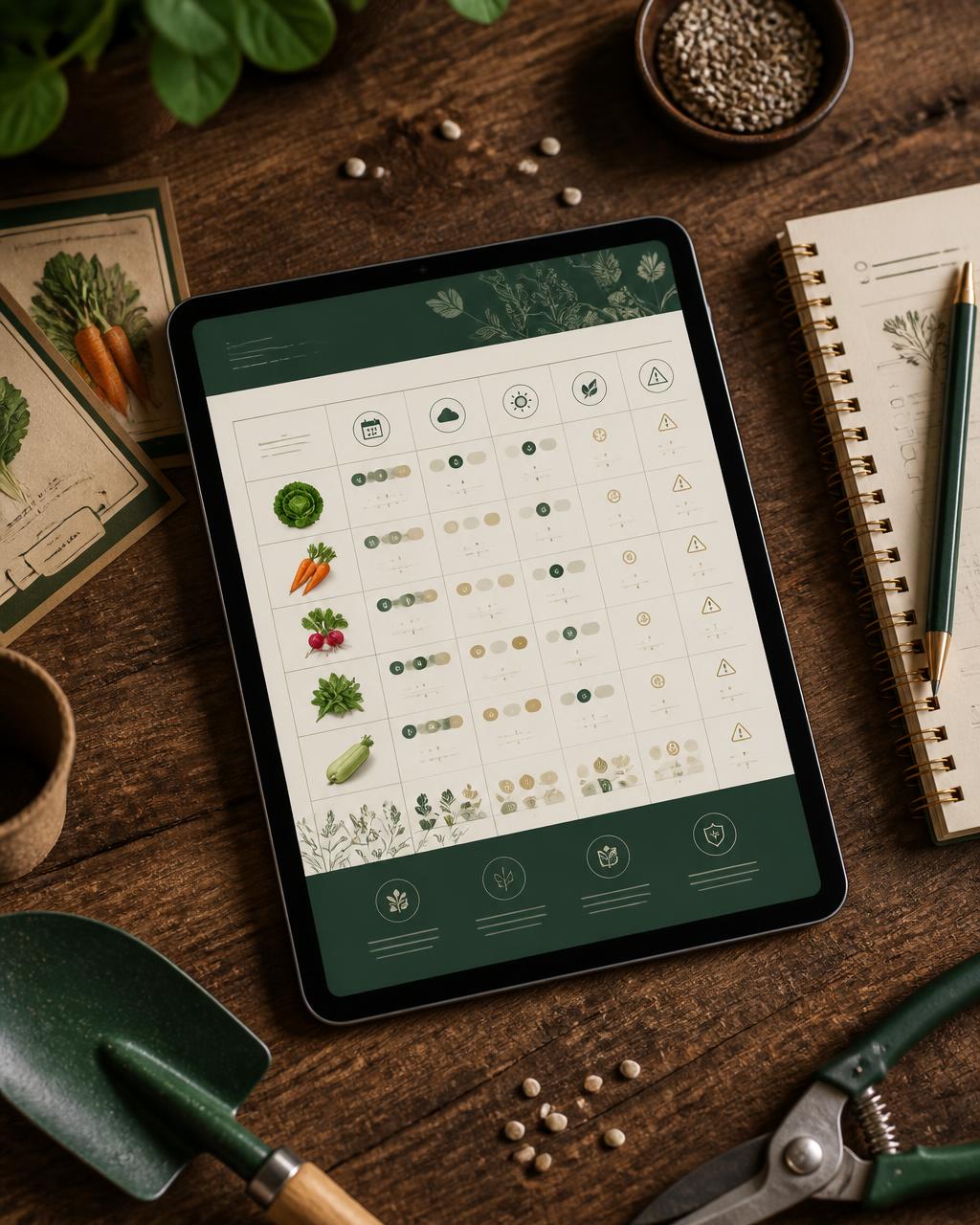 Tabla práctica de siembra abierta en una tablet sobre mesa de madera