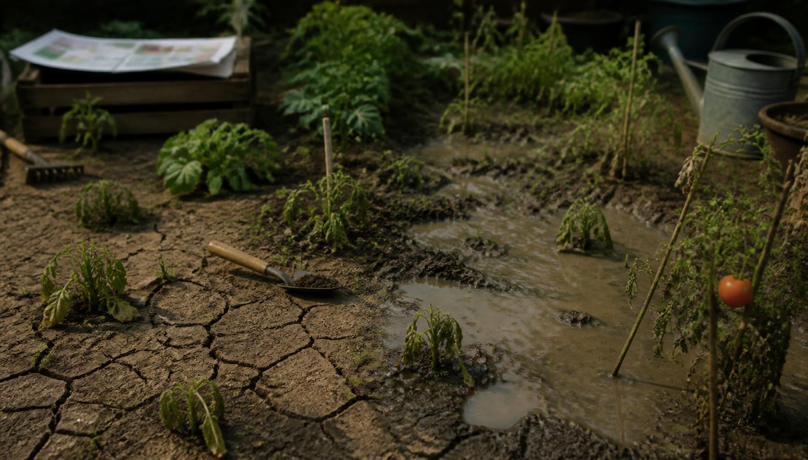 Huerta con plantas débiles, suelo seco agrietado y zona encharcada